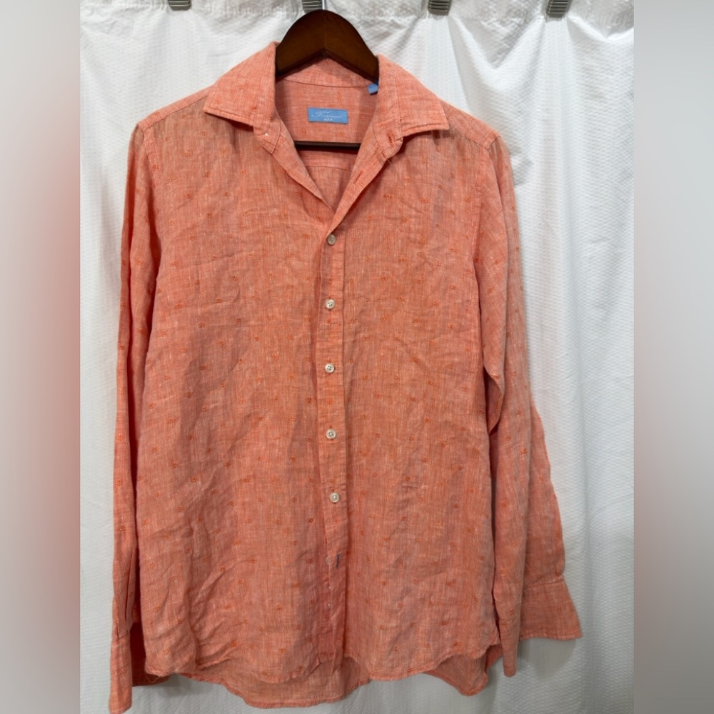 Toscano Aqua Men's 100% Linen Orange Button-Up Long‎ Sleeves Shirt Sz S EUC
